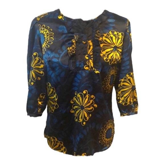 BCBGMaxAzria Blue Yellow Floral Ruffle Blouse Romantic Feminine Top - Picture 2 of 4